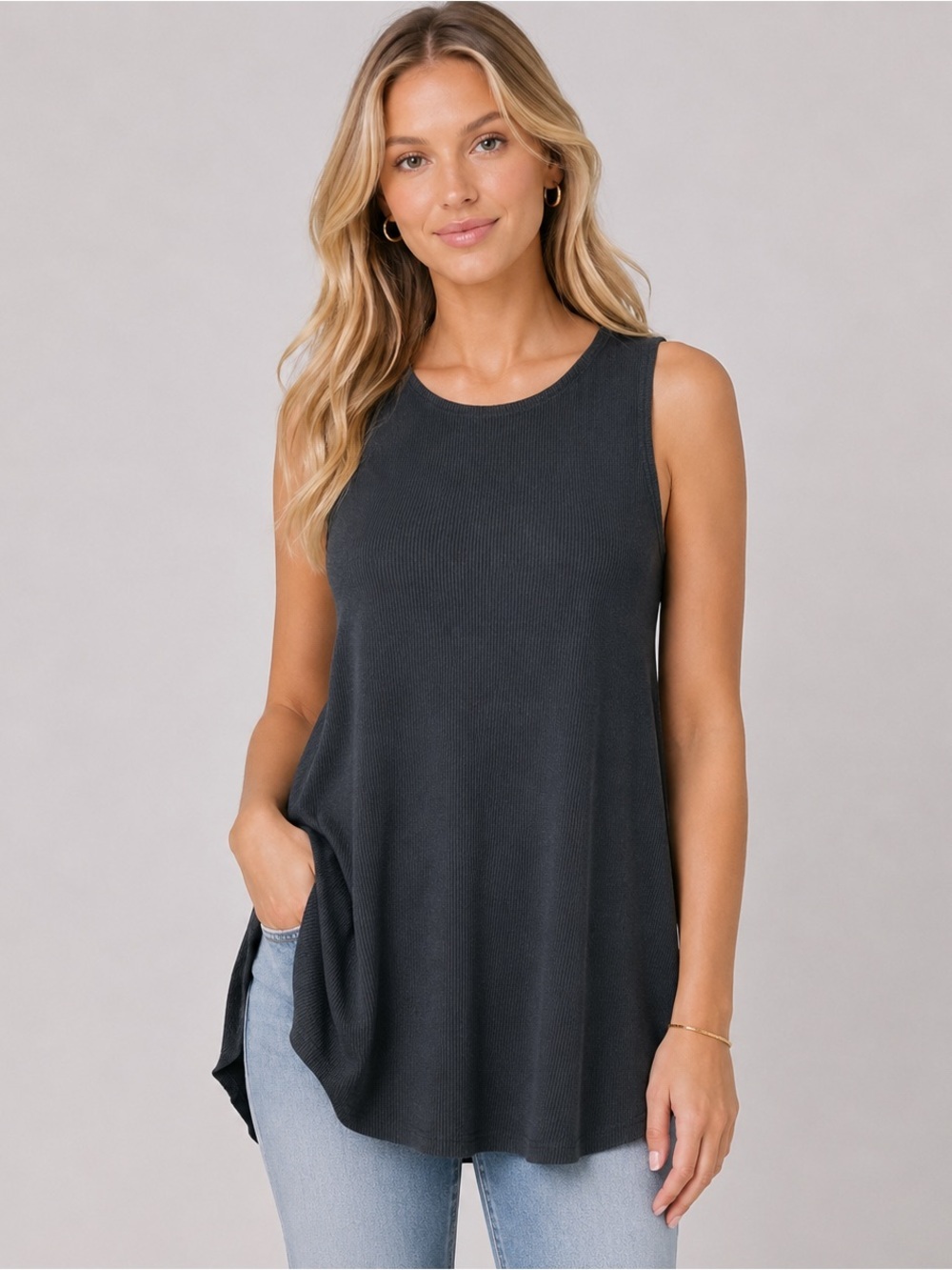 Eileen Fisher System Black Tencel Cotton Rib Knit Tank Tunic Shell Size XS